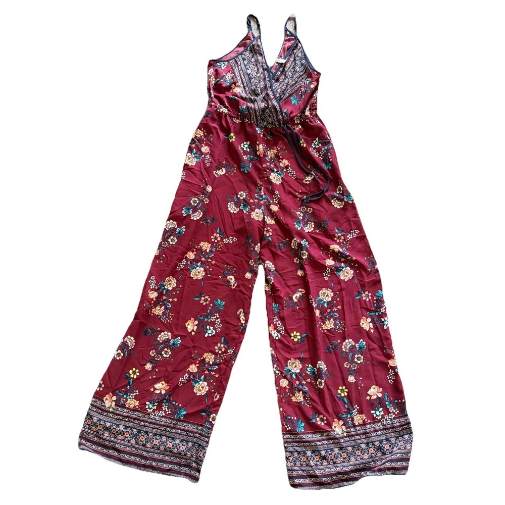 Xhilaration Burgundy Floral Boho Jumpsuit Wide Leg Strappy Romper M